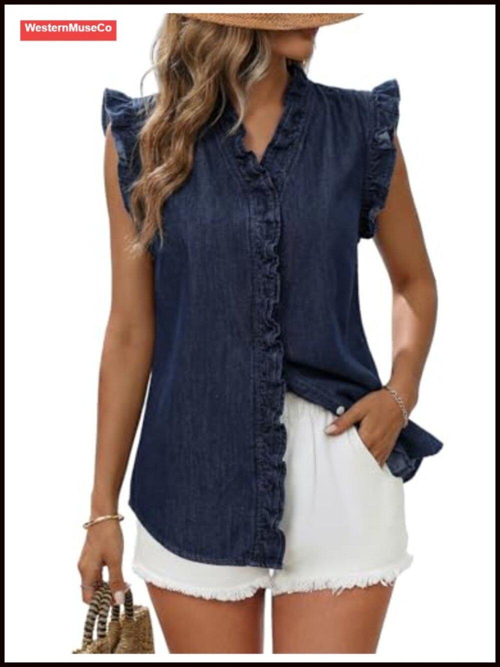 Sleeveless Denim Vest Cotton Blend Button Up V Neck Ruffle